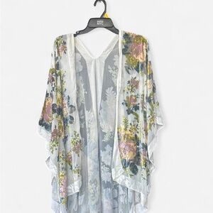 Anthropologie Sheer Floral Kimono in White, Pink, Green, Navy